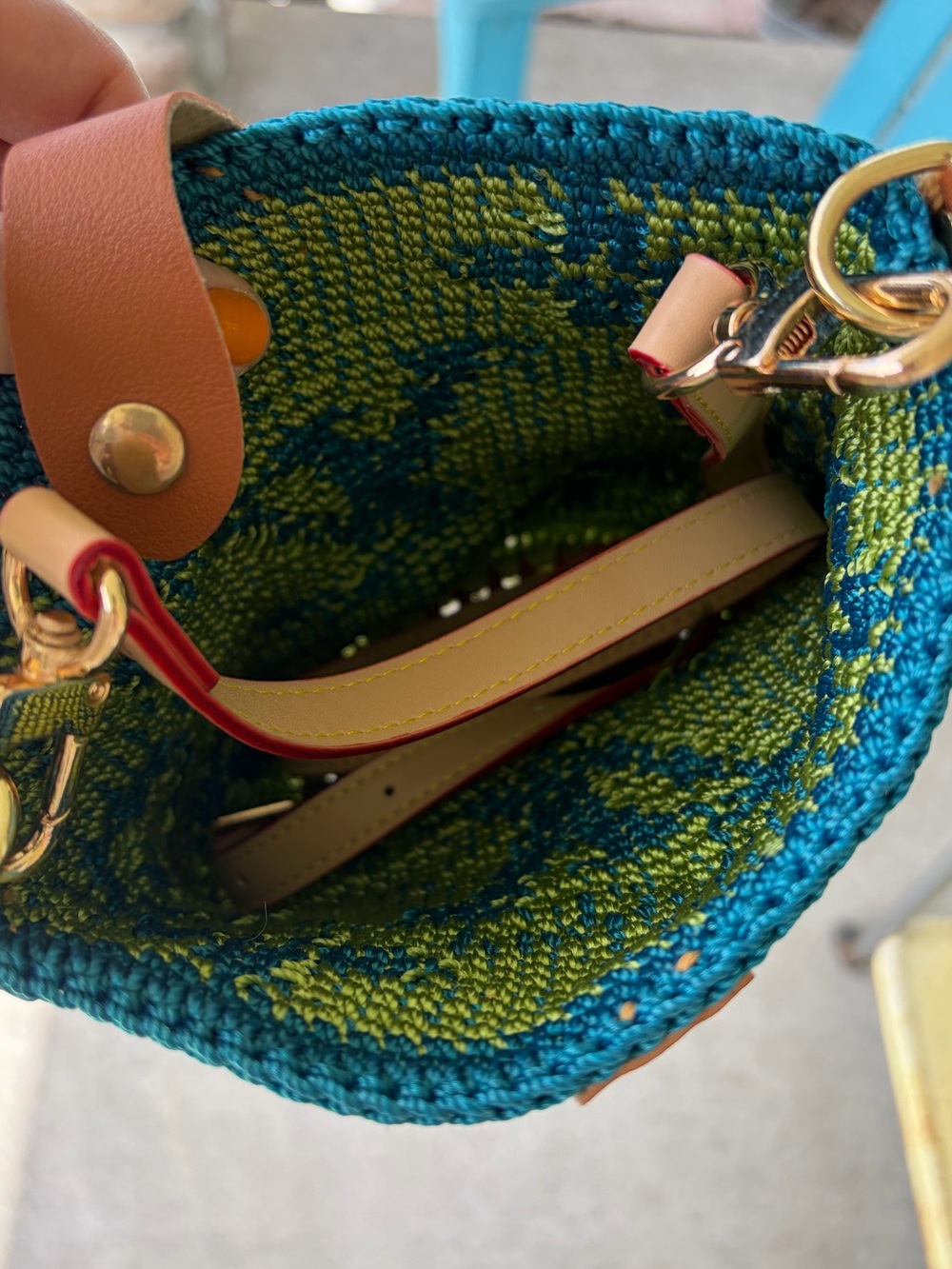 Crochet LV designer bucket bag crossbody purse green blue brown NWOT - Picture 6 of 9
